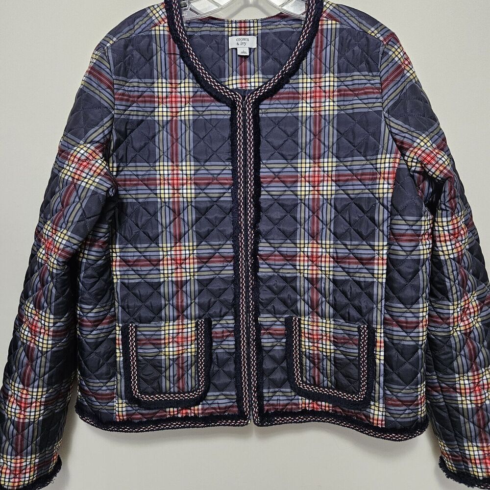 Crown & Ivy Navy Plaid Puffer Quilted Jacket Quilted Zip Front Fringe Pockets M